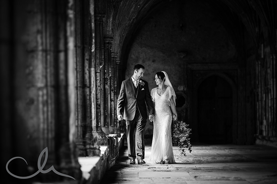newly weds walk in the cloisters at Canterbury Cathedral