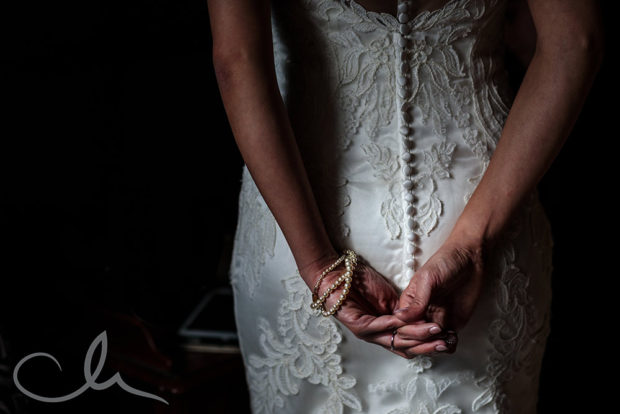 details of the brides dress at Lympne Castle